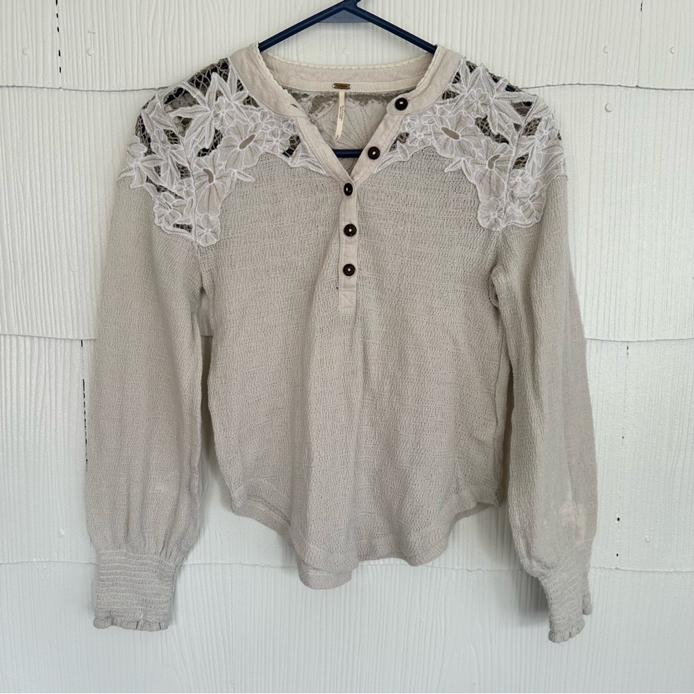 Free People Small Women’s Top Lace Cutout Button Up Long Sleeve Shirt Boho Chic